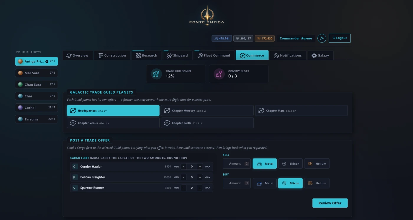 Trade with other commanders through the Galactic Trade Guild.